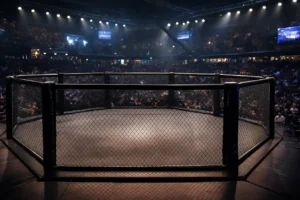 Zdjęcie oktagonu MMA w oświetlonej arenie podczas gali, z pełną publicznością w tle