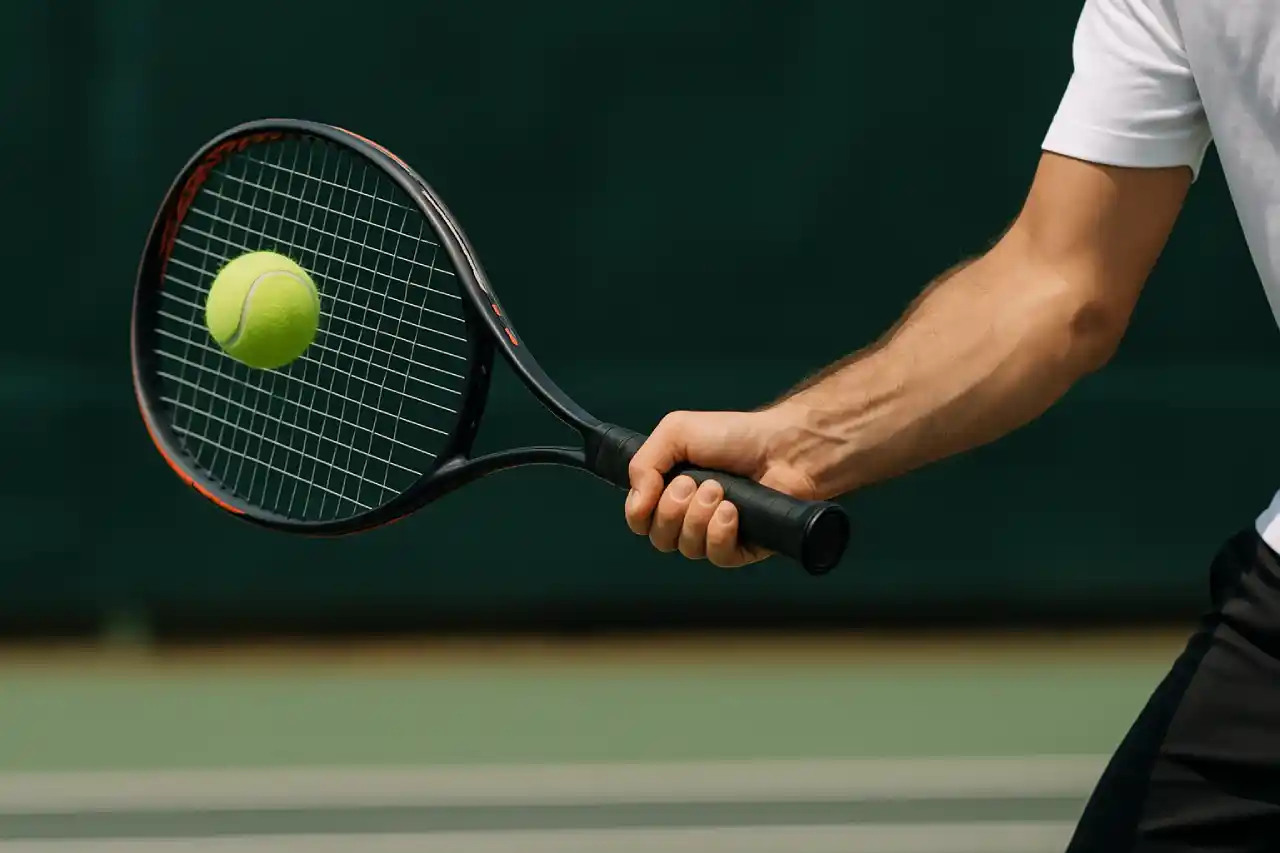 Zbliżenie na rękę tenisisty trzymającego rakietę podczas meczu w Pucharze Davisa, realistyczna akcja na korcie.