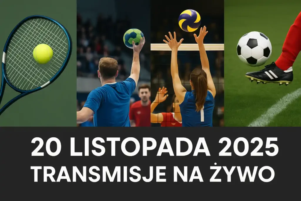 zdjęcie przedstawiające tenis, piłkę ręczną, siatkówkę i piłkę nożną – grafika główna do artykułu o transmisjach sportowych 20.11.2025