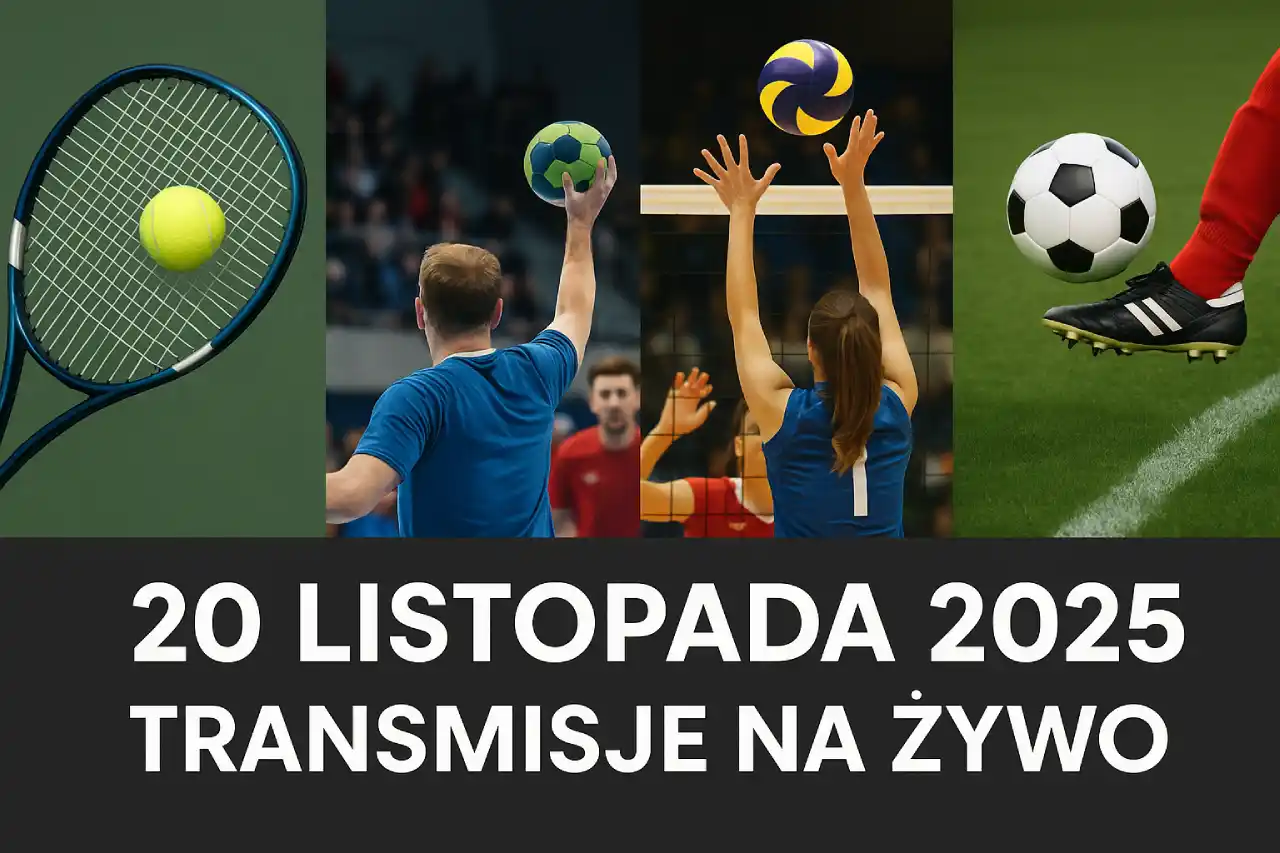 zdjęcie przedstawiające tenis, piłkę ręczną, siatkówkę i piłkę nożną – grafika główna do artykułu o transmisjach sportowych 20.11.2025