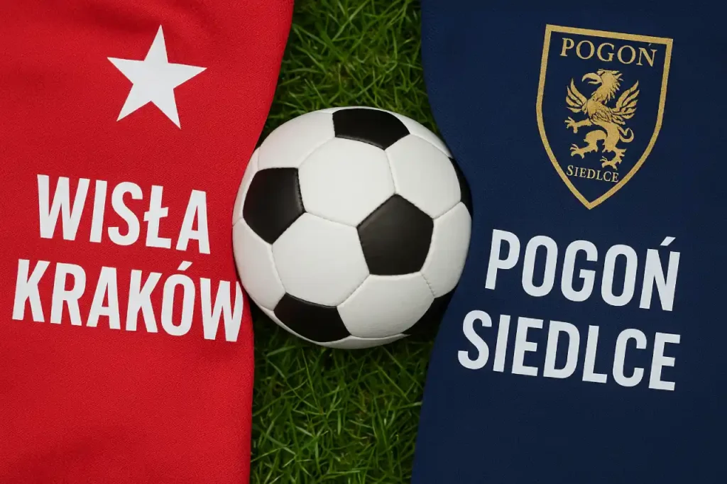 Zbliżenie na koszulki Wisły Kraków i Pogoni Siedlce z piłką pośrodku – zdjęcie główne do meczu 23.11.2025.