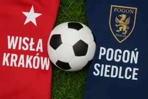 Zbliżenie na koszulki Wisły Kraków i Pogoni Siedlce z piłką pośrodku – zdjęcie główne do meczu 23.11.2025.