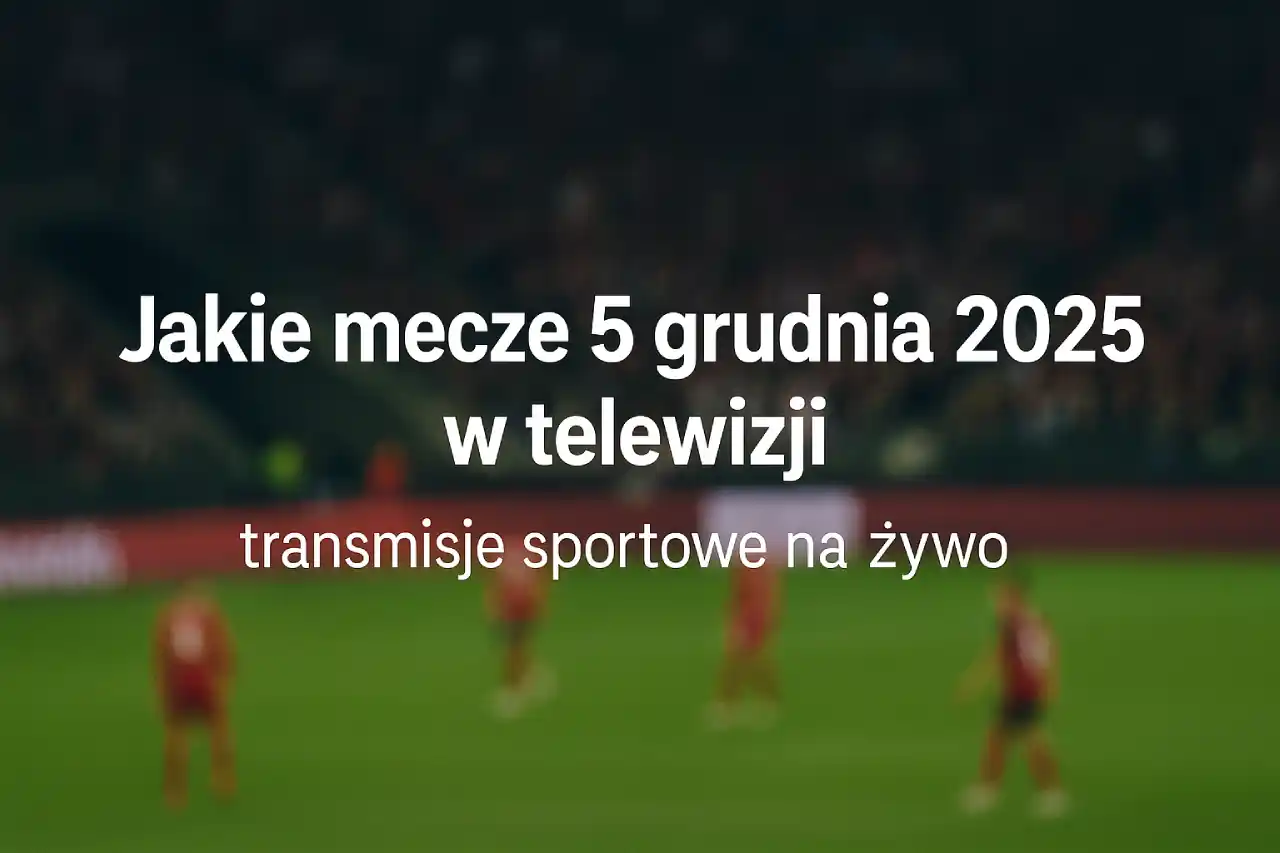 Pozioma grafika z rozmytym tłem piłkarskiego stadionu i napisem „Jakie mecze 5 grudnia 2025 w telewizji – transmisje sportowe na żywo”.