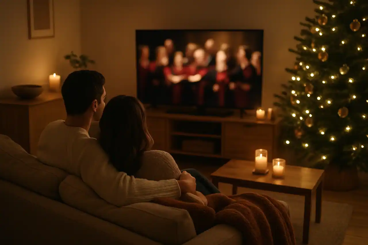 Rodzina oglądająca kolędy w telewizji w Wigilię – świąteczny koncert kolęd w ciepłym, nowoczesnym salonie