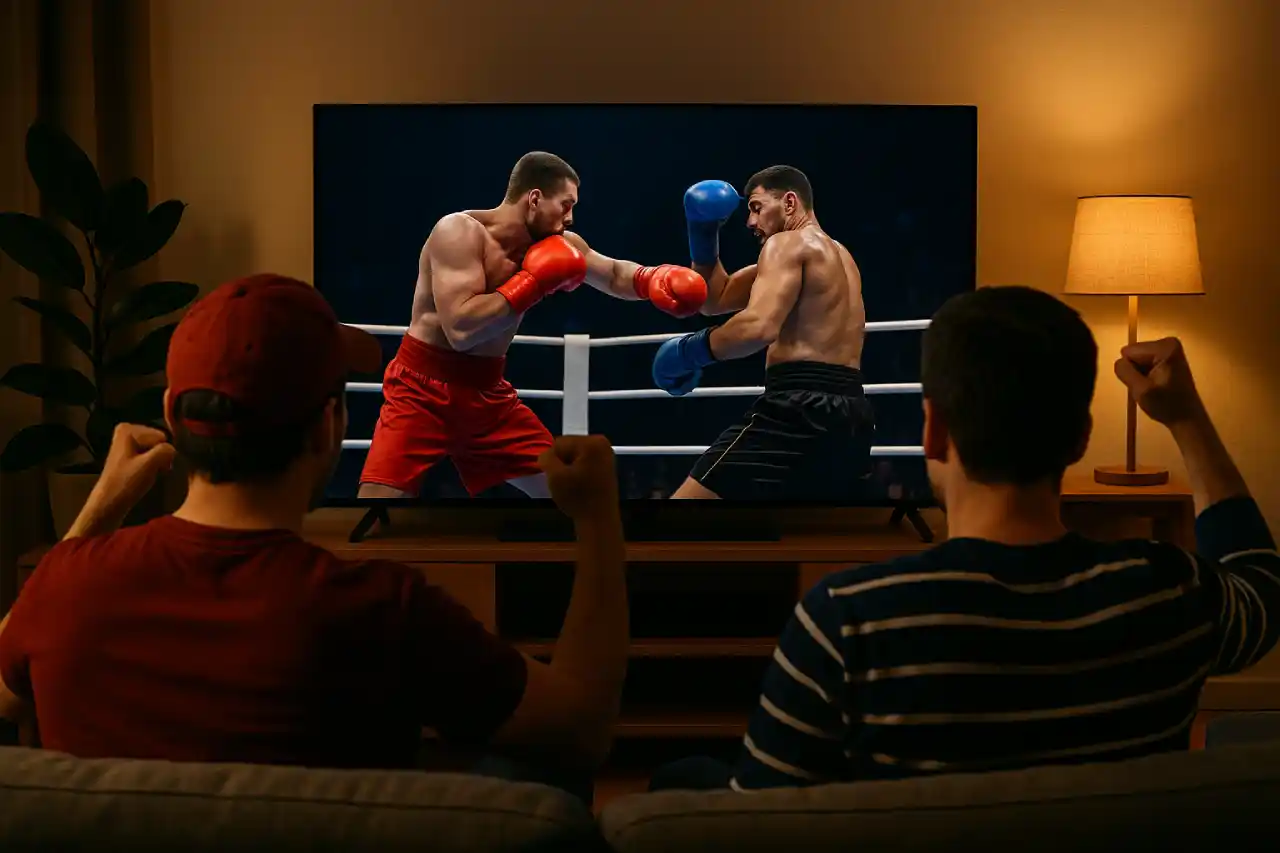 Dwóch kibiców ogląda walkę bokserską na żywo w telewizji – transmisja MB Boxing Night 37