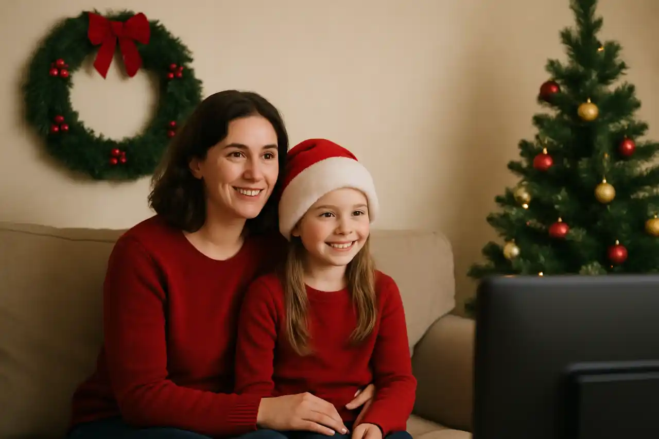 Mama i dziecko oglądające świąteczny film w Mikołajki w ciepłym, rodzinnym salonie