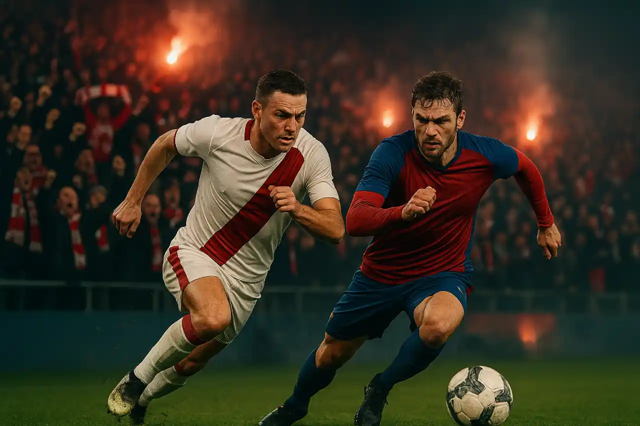 Dynamiczna akcja piłkarska podczas nocnego meczu na stadionie, dwaj zawodnicy walczą o piłkę przy dopingu kibiców