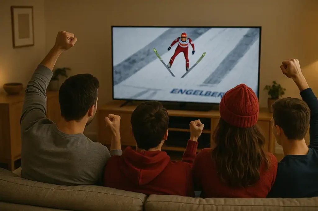 Kibice oglądający skoki narciarskie w telewizji – transmisja Pucharu Świata w Engelbergu 2025