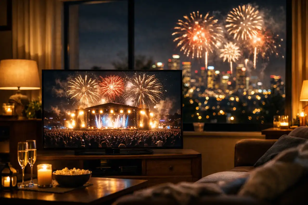 Nowoczesny salon nocą z telewizorem transmitującym koncert sylwestrowy na żywo, scena plenerowa, fajerwerki i panorama miasta w tle