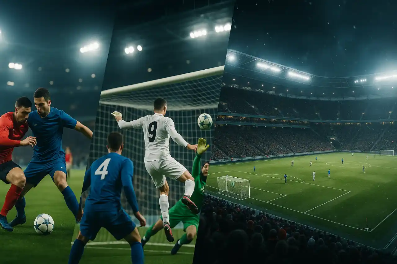 Dynamiczne ujęcia piłkarskie w stylu transmisji TV – walka o piłkę, interwencja bramkarza i szeroki kadr stadionu w zimowej aurze.