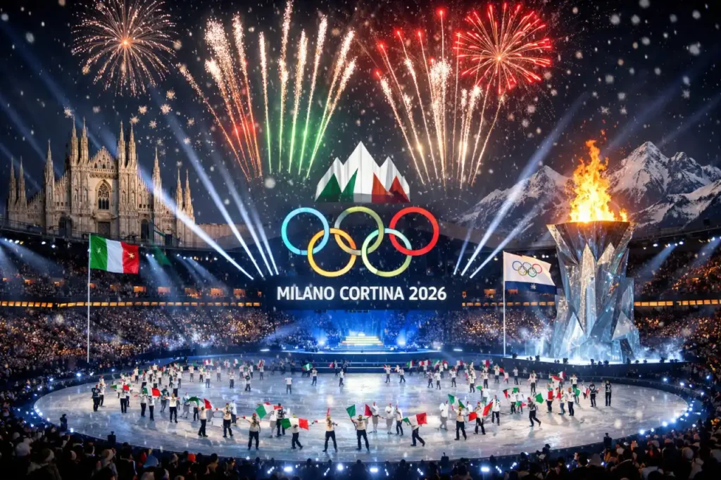 Ceremonia otwarcia Zimowych Igrzysk Olimpijskich 2026 w Mediolanie-Cortinie z olimpijskim zniczem, stadionem i oprawą świetlną