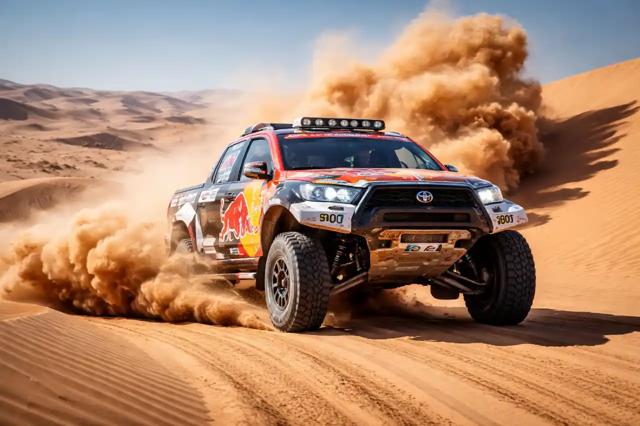Rajd Dakar 2026 – samochód rajdowy pędzący po pustyni w trakcie etapu specjalnego, dynamiczna akcja na wydmach