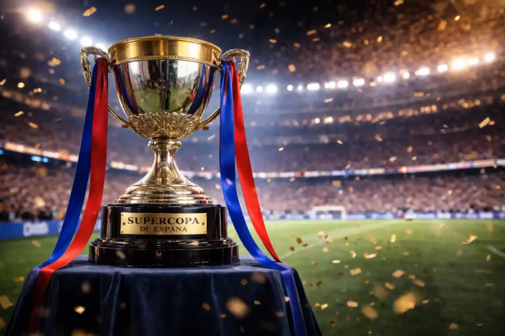 Puchar Superpucharu Hiszpanii 2026 – zbliżenie trofeum na stadionie piłkarskim przed finałem
