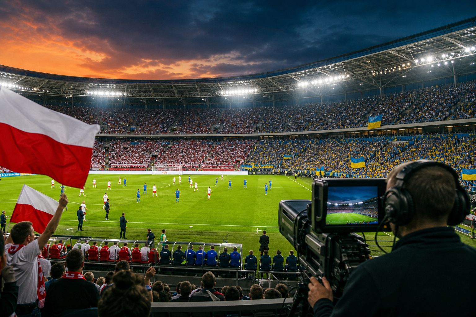 Mecz piłkarski na pełnym stadionie o zachodzie słońca, z kibicami Polski i Ukrainy oraz kamerzystą przy boisku