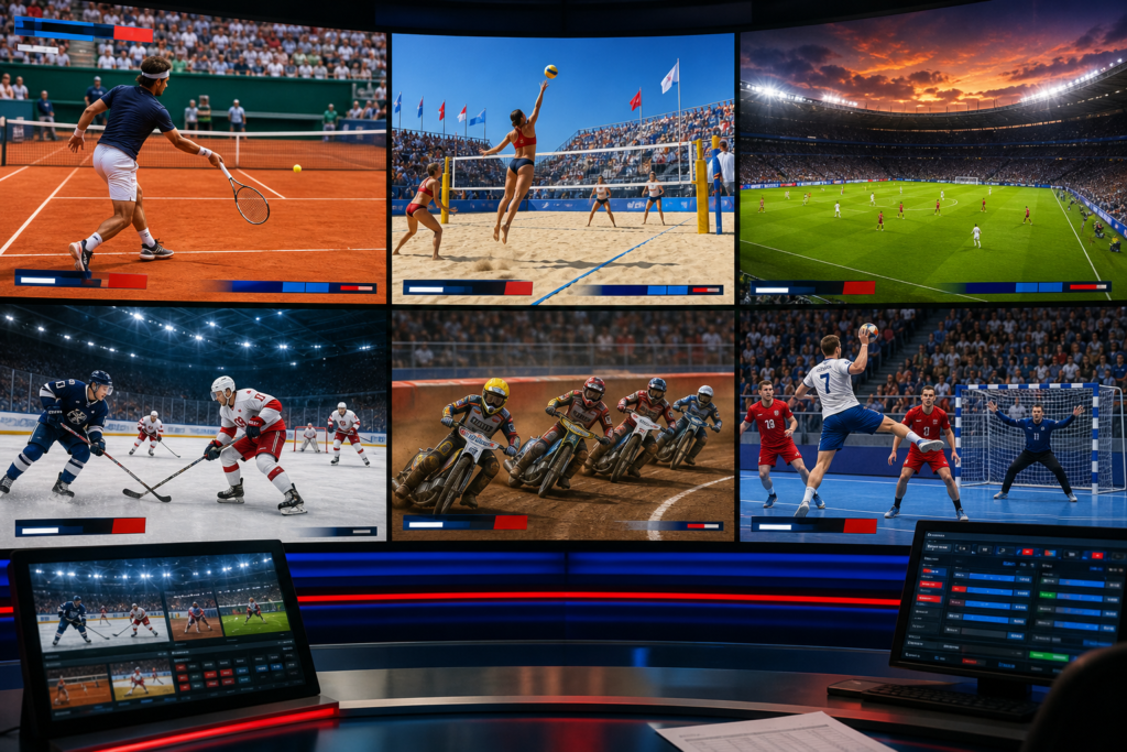Panel z transmisją sportową pokazujący kilka meczów i zawody na stadionach oraz monitory sterujące realizacją