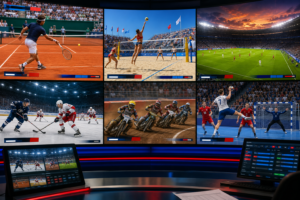 Panel z transmisją sportową pokazujący kilka meczów i zawody na stadionach oraz monitory sterujące realizacją