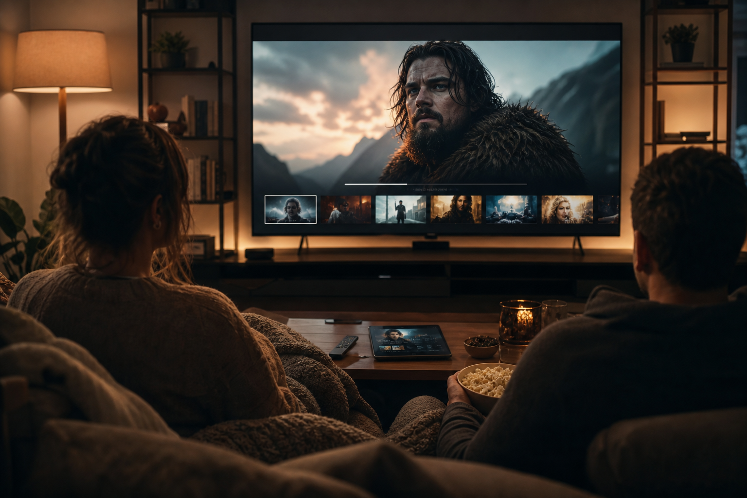 Para ogląda film na telewizorze w przytulnym salonie, jedząc popcorn i korzystając z tabletu oraz pilota