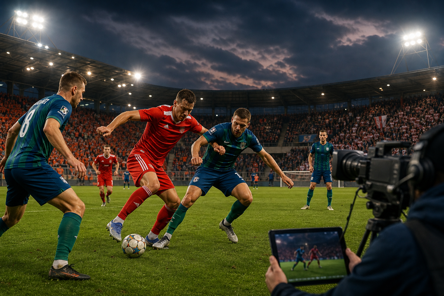 Piłkarze walczą o piłkę na stadionie podczas wieczornego meczu, a obok nagrywa ich kamera telewizyjna