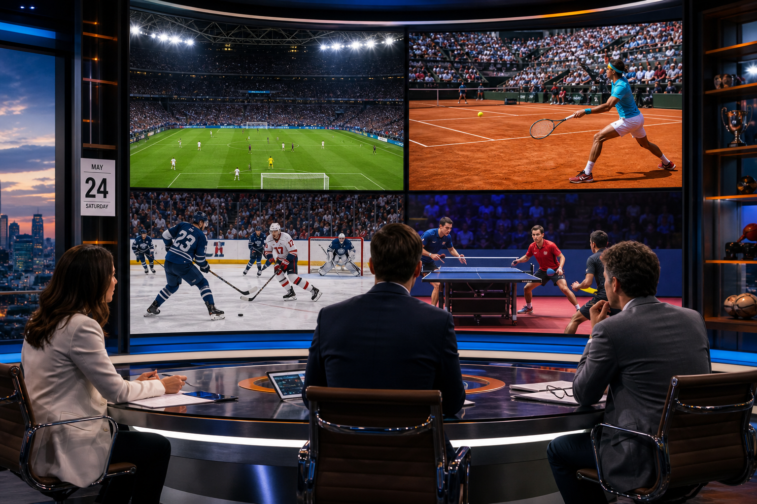 Studio sportowe z panelami pokazującymi mecze piłki nożnej, tenisa, hokeja i tenisa stołowego