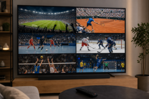 Telewizor wyświetla kolaż transmisji sportowych: piłkę nożną, tenis, futsal, hokej, siatkówkę i piłkę ręczną