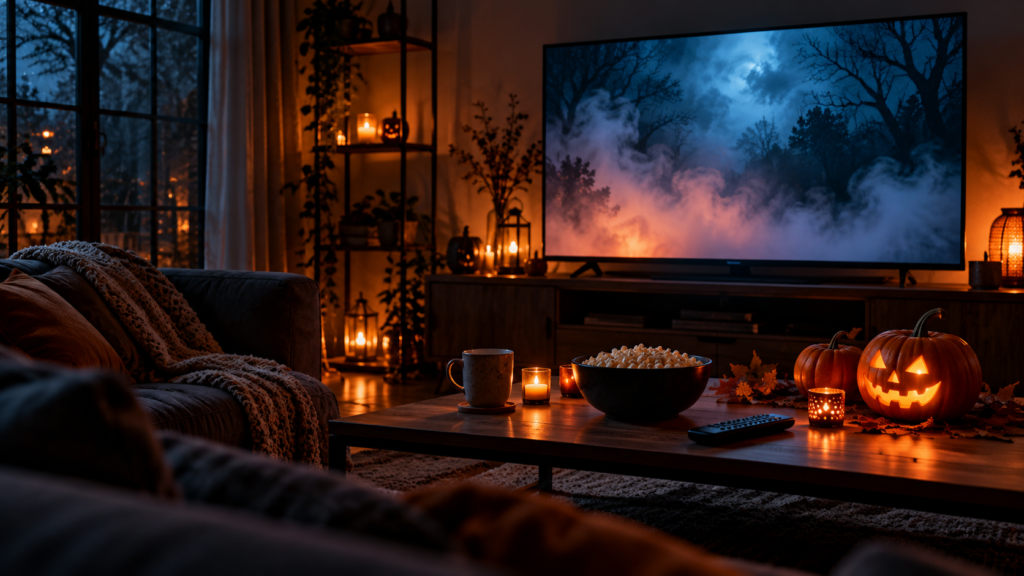 Halloweenowy seans dla dorosłych: telewizor, dynie i popcorn w nastrojowym salonie.