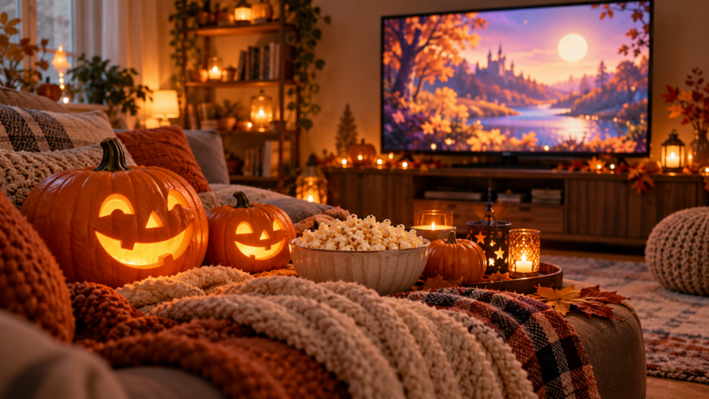 Przytulny rodzinny seans na Halloween: uśmiechnięte dynie, popcorn i telewizor.