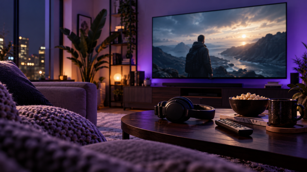 Telewizor w salonie podczas oglądania filmu i pilot na stoliku