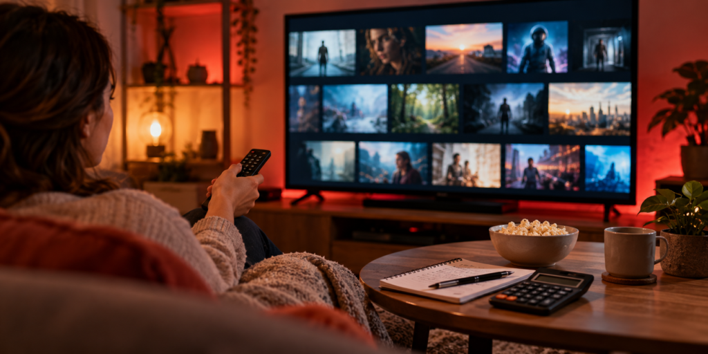 Pilot i telewizor w salonie podczas wyboru filmu w serwisie streamingowym