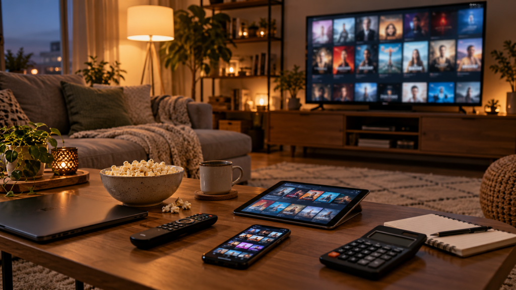 Telewizor z katalogiem filmów, tablet, telefon i kalkulator w salonie