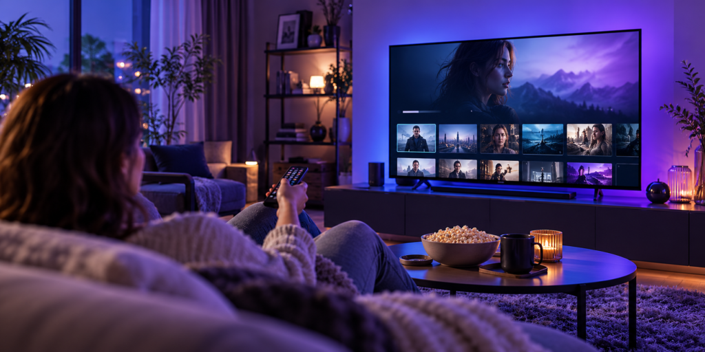 Widzka wybiera serial na telewizorze w domowym salonie