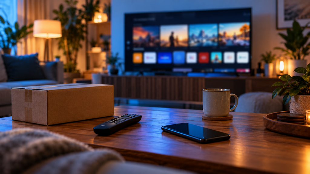 Telewizor i telefon ze streamingiem, pilot oraz paczka na stoliku