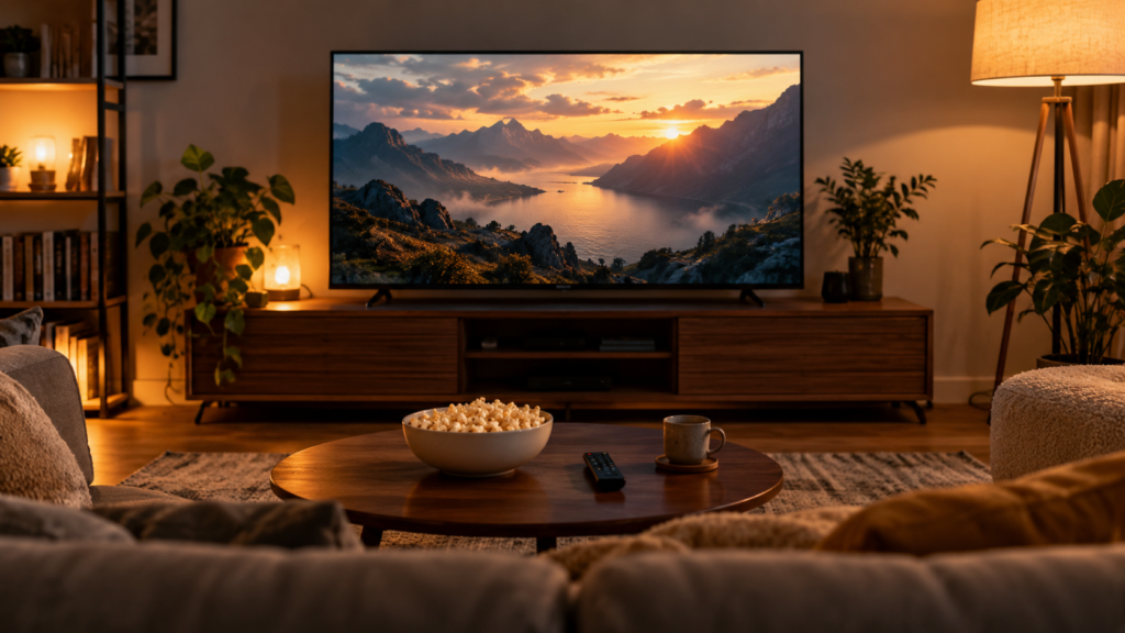 Telewizor z filmem, pilot i popcorn w ciepło oświetlonym salonie